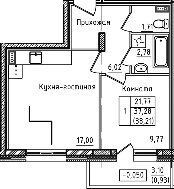 Планировка — Зеленый город, 2-комн., 37 м²