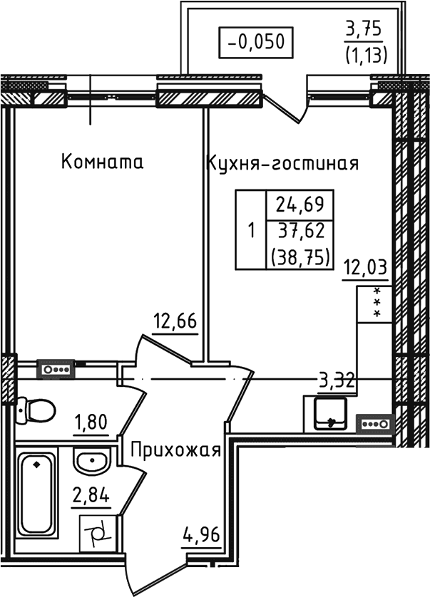 Планировка — Зеленый город, 2-комн., 38 м²