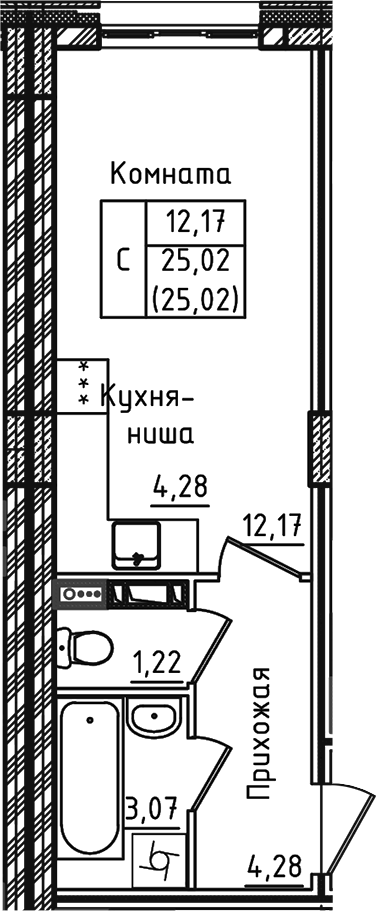Планировка — Зеленый город, Студия, 25 м²