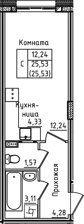 Планировка — Зеленый город, Студия, 26 м²