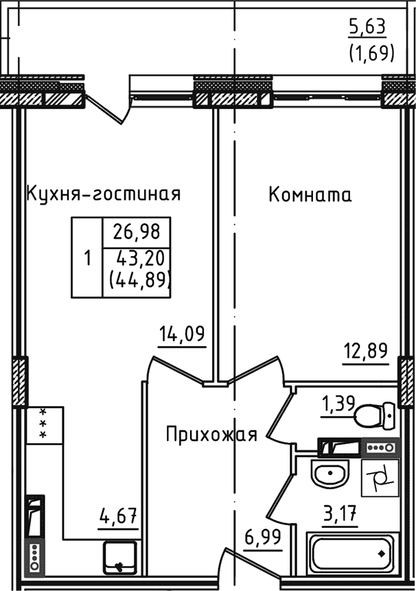 Планировка — Зеленый город, 2-комн., 43 м²