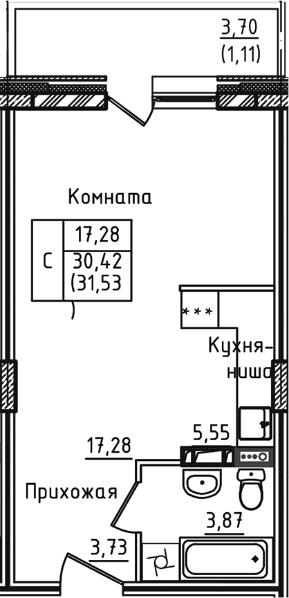 Планировка — Зеленый город, Студия, 30 м²