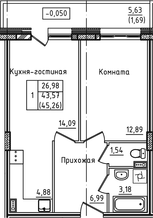 Планировка — Зеленый город, 2-комн., 44 м²