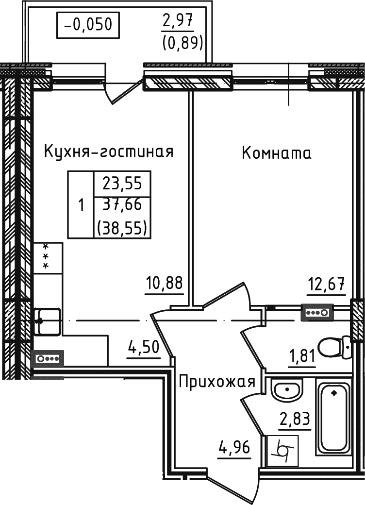 Планировка — Зеленый город, 2-комн., 38 м²