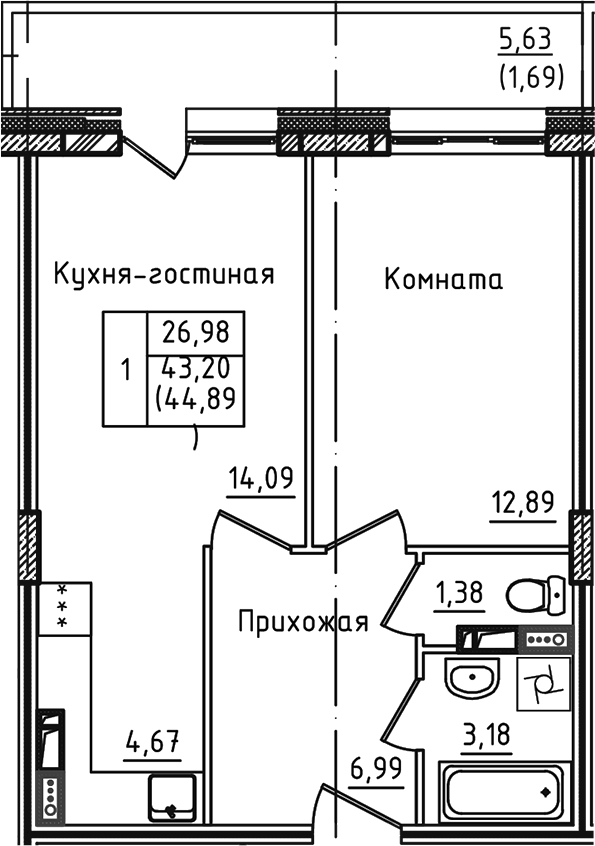 Планировка — Зеленый город, 2-комн., 43 м²