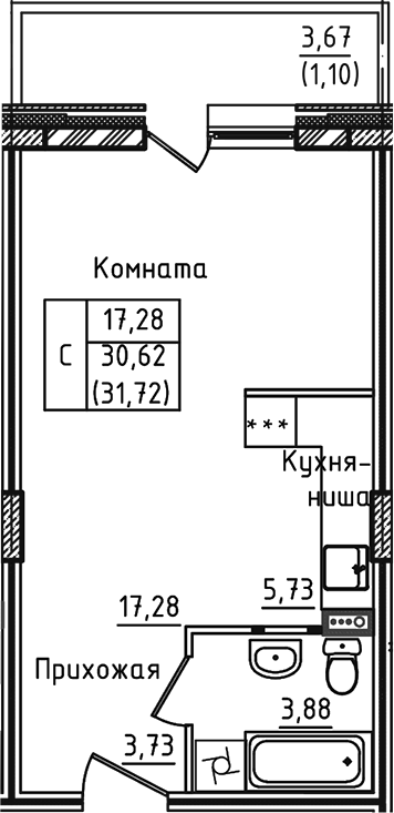 Планировка — Зеленый город, Студия, 31 м²