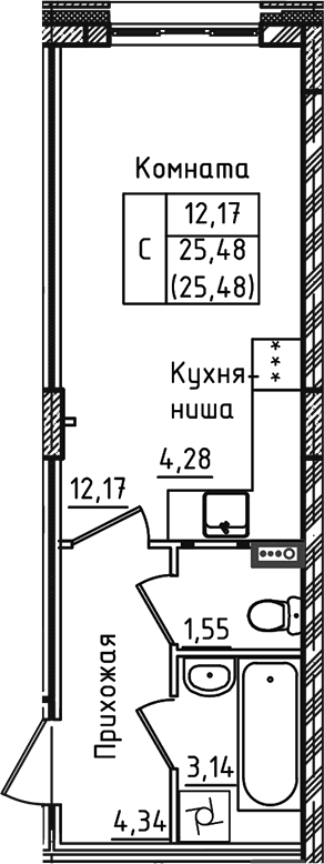 Планировка — Зеленый город, Студия, 25 м²