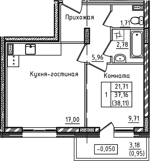 Планировка — Зеленый город, 2-комн., 37 м²