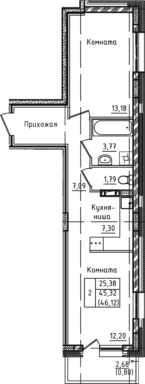 Планировка — Зеленый город, 2-комн., 45 м²