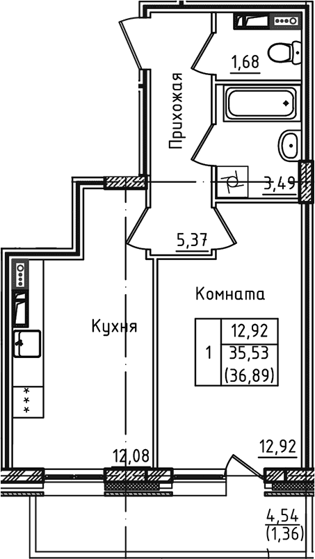 Планировка — Зеленый город, 1-комн., 36 м²