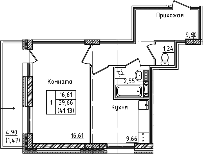 Планировка — Зеленый город, 1-комн., 40 м²
