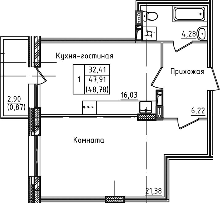 Планировка — Зеленый город, 2-комн., 48 м²