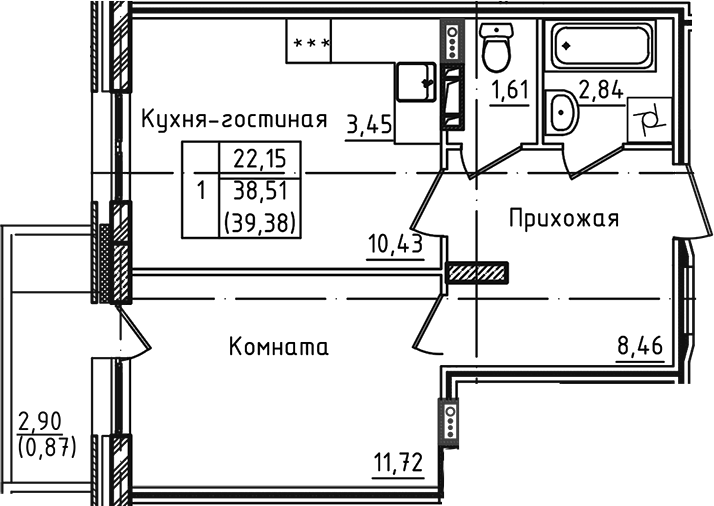 Планировка — Зеленый город, 2-комн., 39 м²