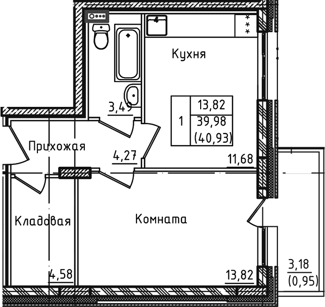 Планировка — Зеленый город, 1-комн., 40 м²