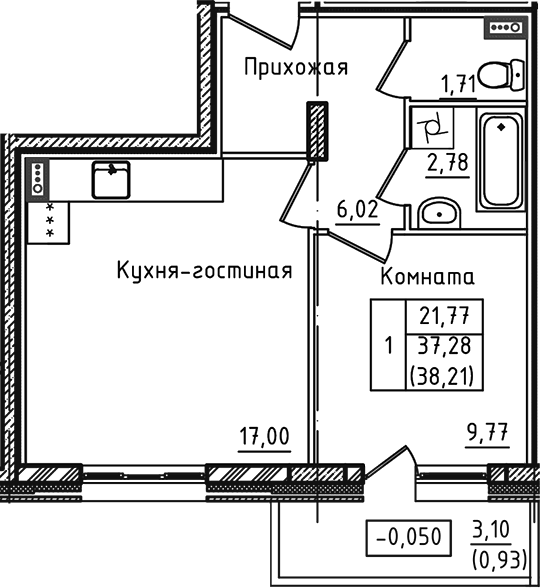 Планировка — Зеленый город, 2-комн., 37 м²