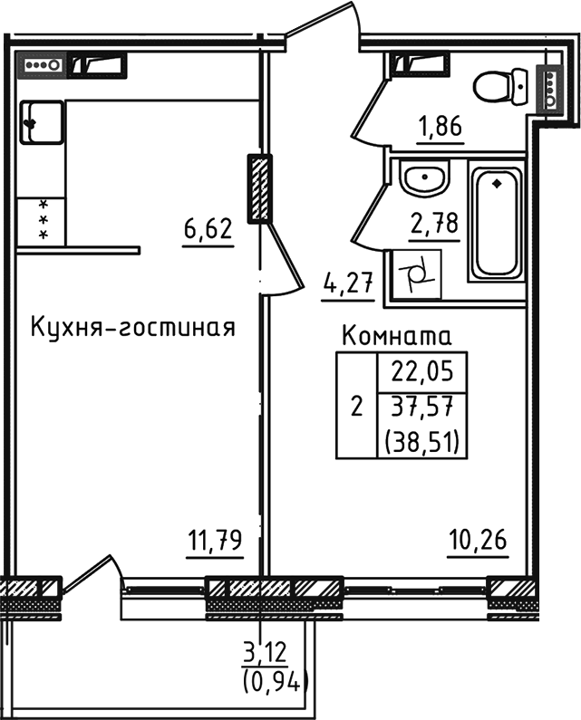 Планировка — Зеленый город, 2-комн., 38 м²