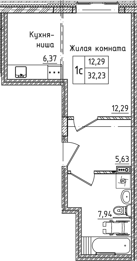 Планировка — Зеленый город, Студия, 32 м²