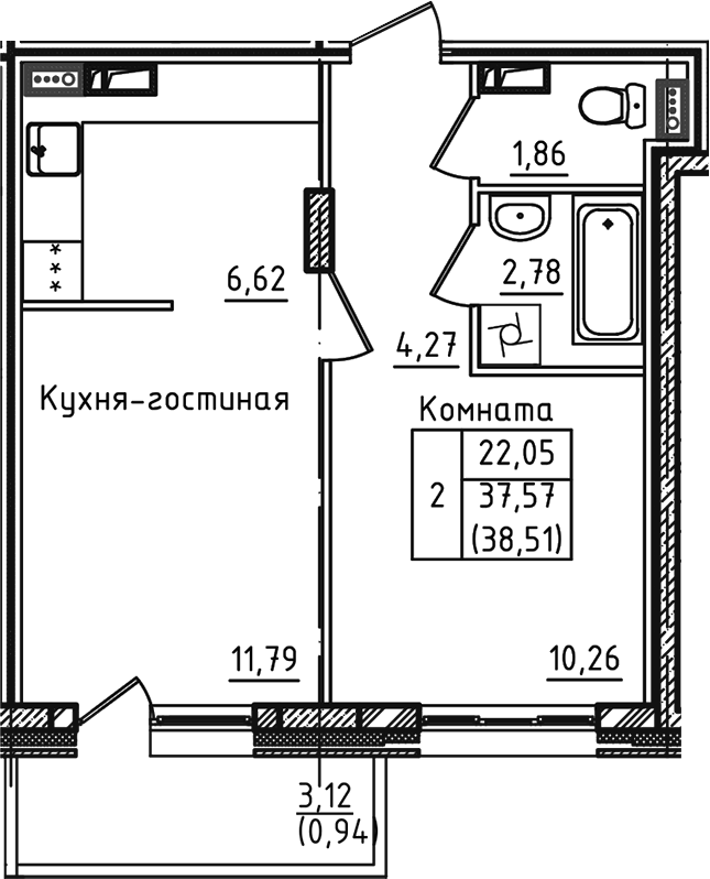 Планировка — Зеленый город, 2-комн., 38 м²