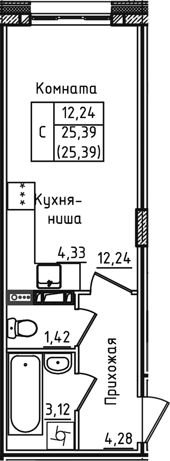 Планировка — Зеленый город, Студия, 25 м²