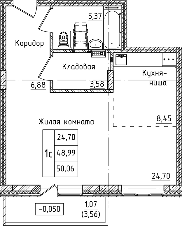 Планировка — Зеленый город, Студия, 49 м²