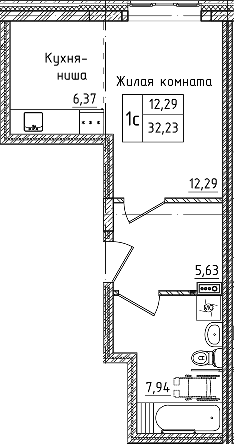 Планировка — Зеленый город, Студия, 32 м²
