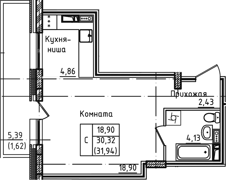 Планировка — Зеленый город, Студия, 30 м²