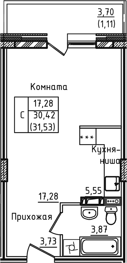 Планировка — Зеленый город, Студия, 30 м²