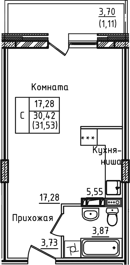 Планировка — Зеленый город, Студия, 30 м²