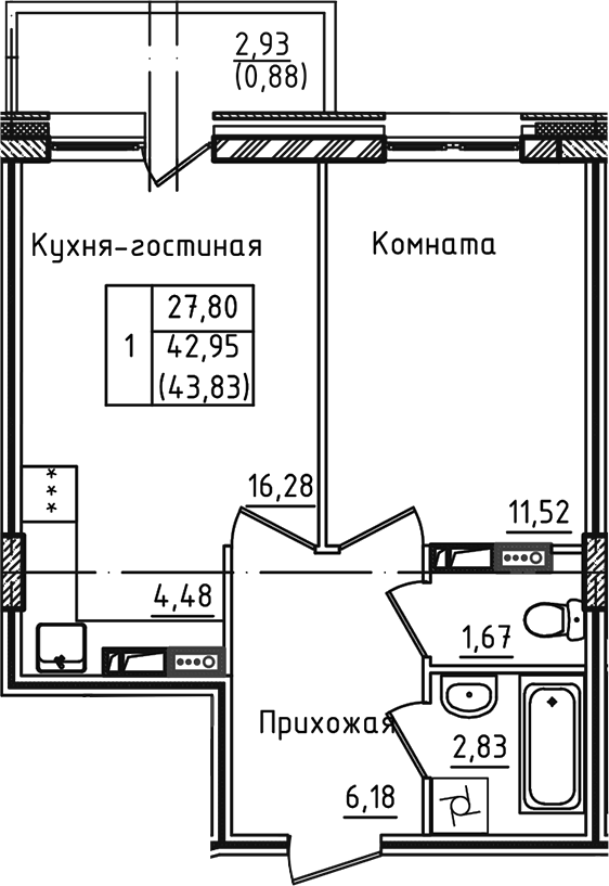 Планировка — Зеленый город, 2-комн., 37 м²