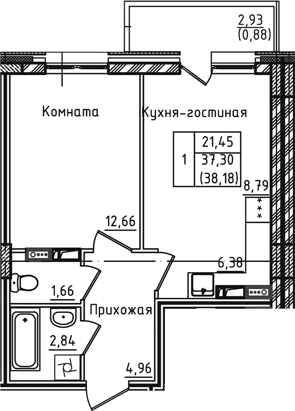 Планировка — Зеленый город, 2-комн., 37 м²