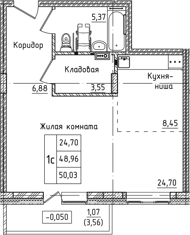 Планировка — Зеленый город, Студия, 49 м²