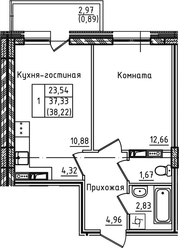 Планировка — Зеленый город, 2-комн., 37 м²