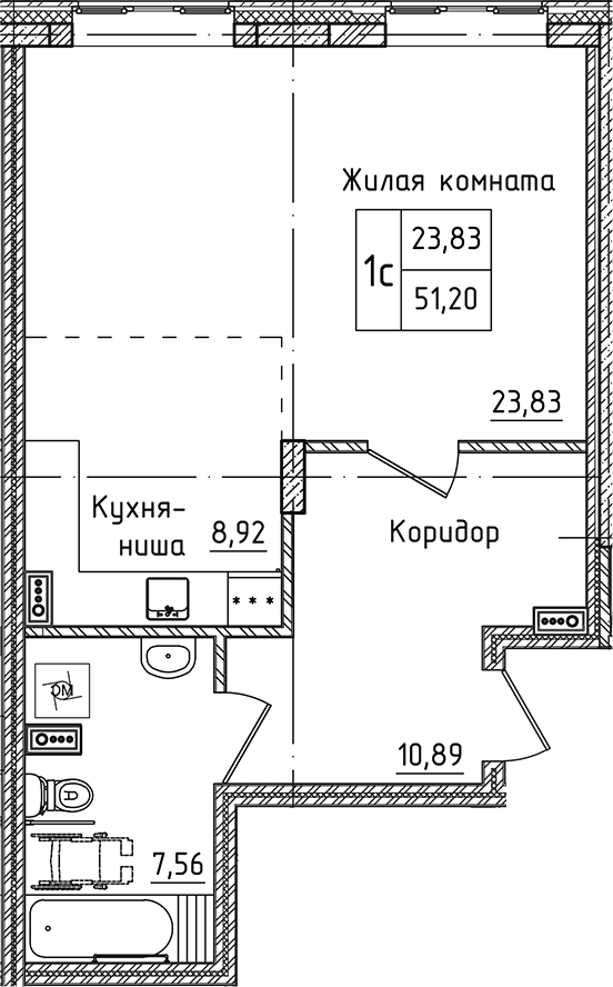 Планировка — Зеленый город, Студия, 51 м²