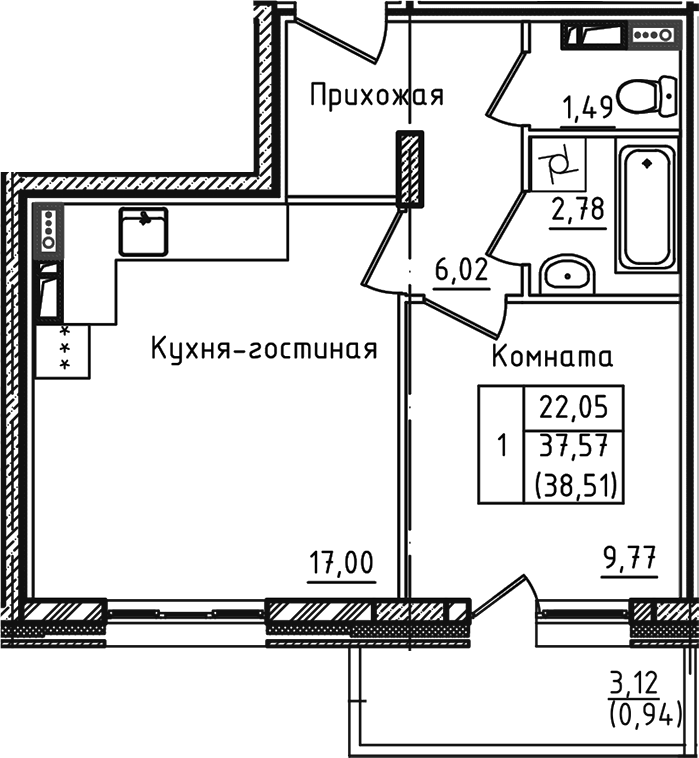 Планировка — Зеленый город, 2-комн., 38 м²