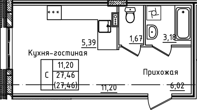 Планировка — Зеленый город, Студия, 27 м²