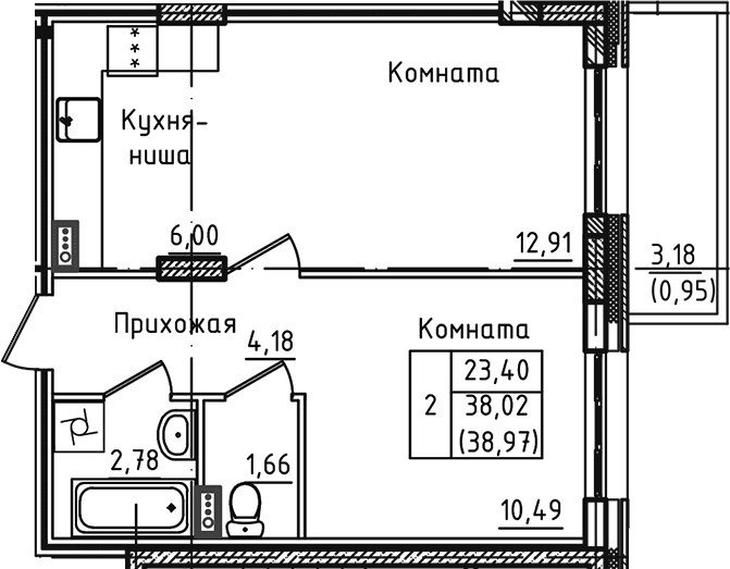 Планировка — Зеленый город, 2-комн., 38 м²