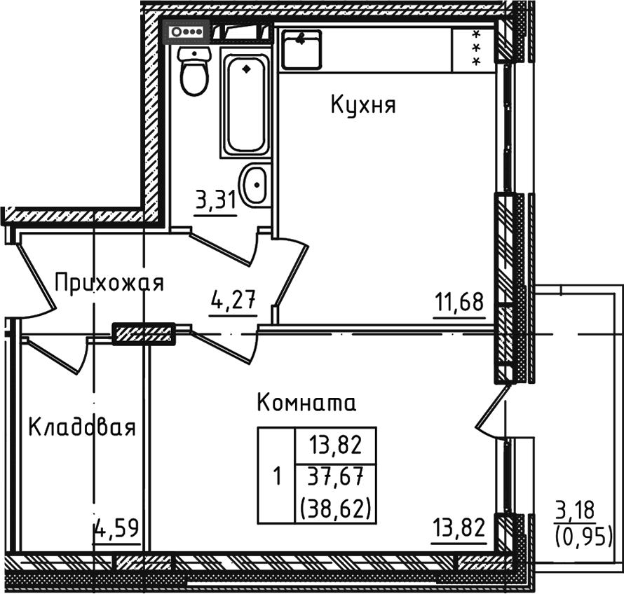 Планировка — Зеленый город, 1-комн., 38 м²
