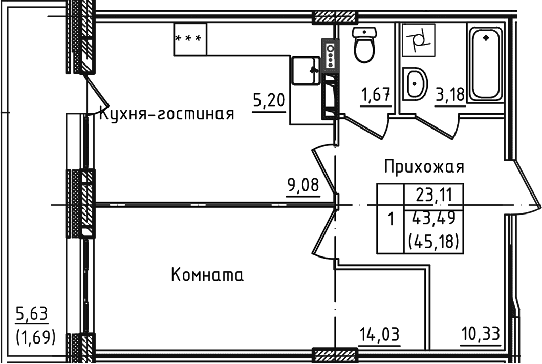 Планировка — Зеленый город, 2-комн., 43 м²