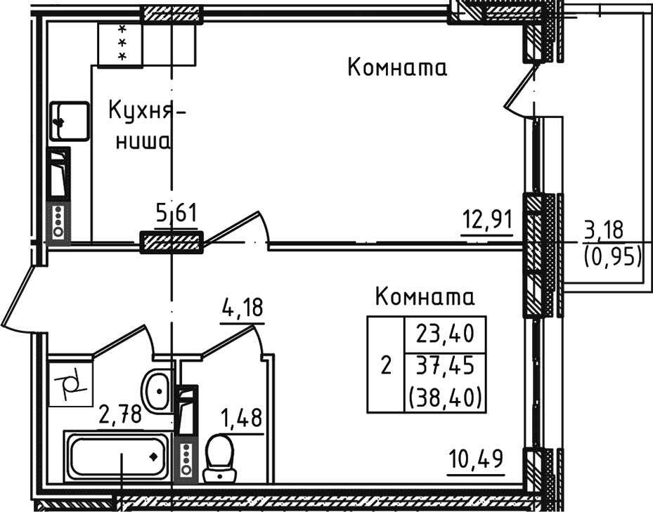 Планировка — Зеленый город, 2-комн., 37 м²