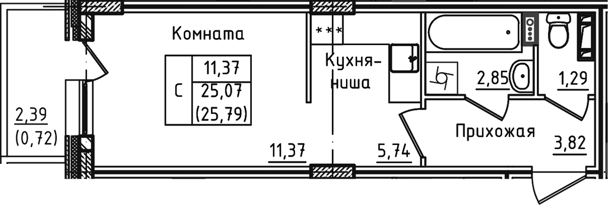 Планировка — Зеленый город, Студия, 25 м²