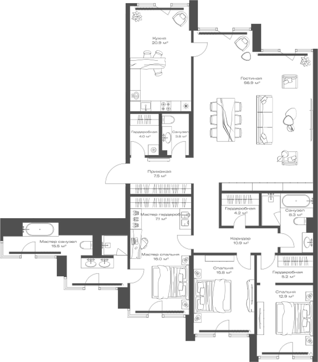 Планировка — Опус, 4-комн., 189 м²