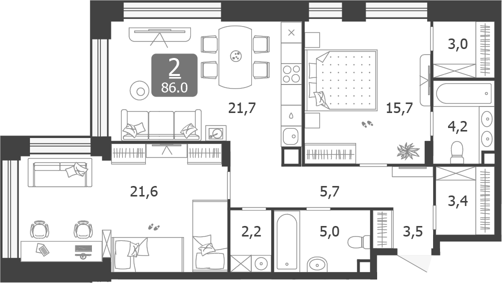 Планировка — Shagal, 3-комн., 86 м²