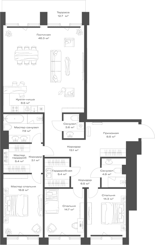 Планировка — Опус, 4-комн., 159 м²