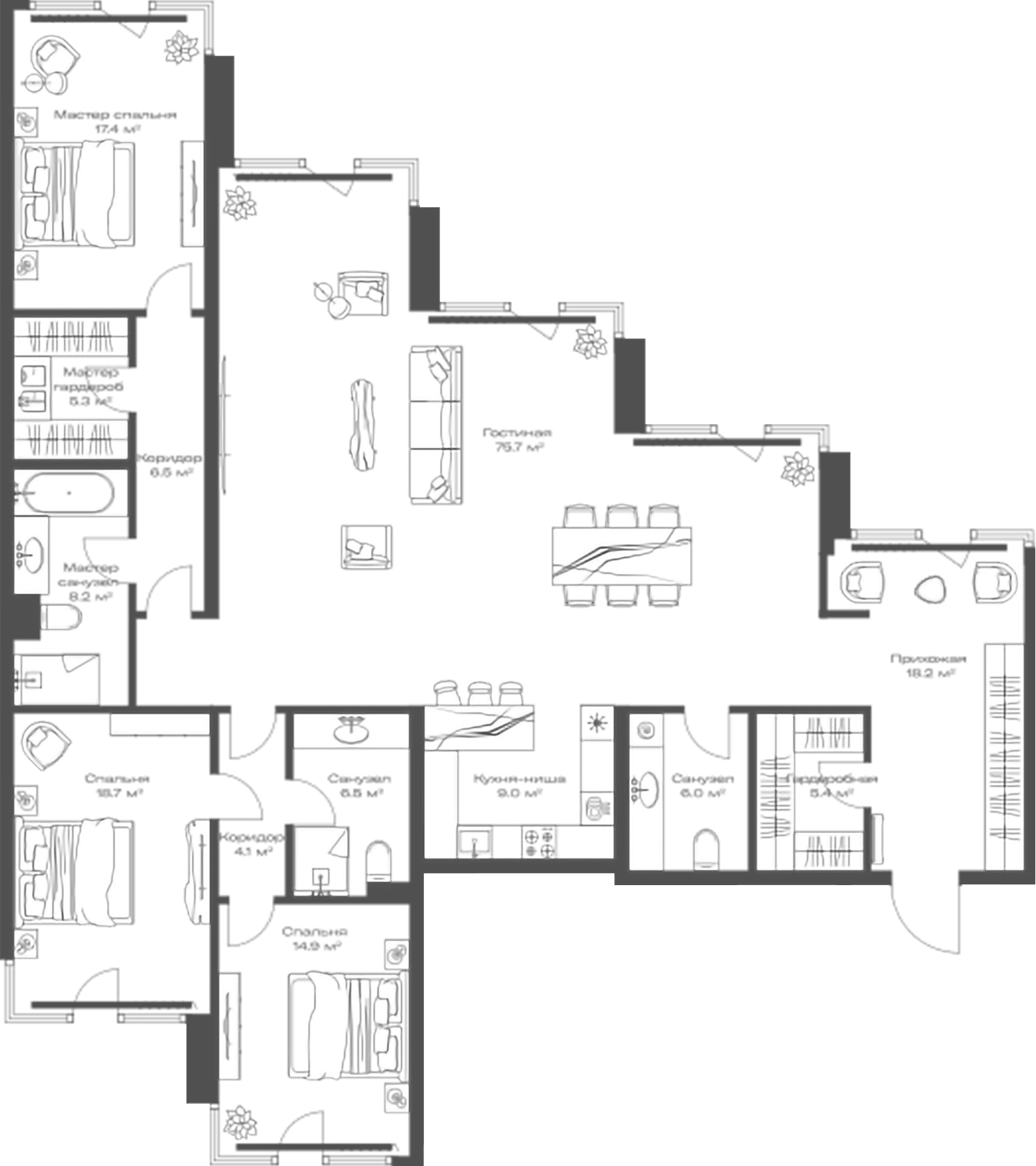 Планировка — Опус, 4-комн., 196 м²