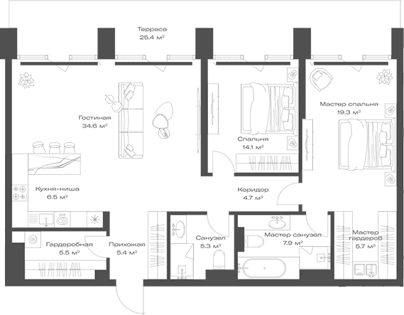 Планировка — Опус, 3-комн., 109 м²