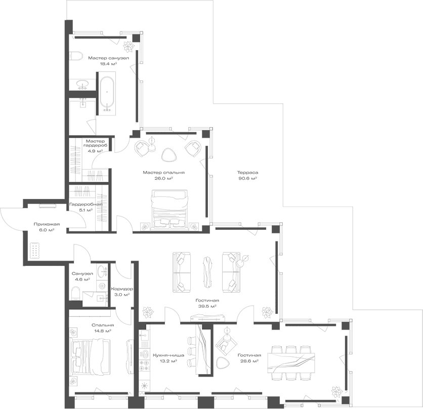 Планировка — Опус, 3-комн., 164 м²