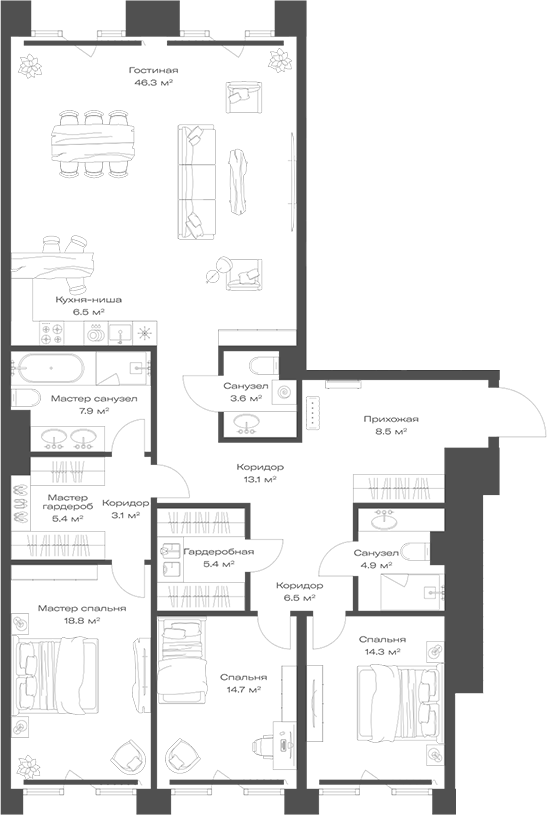 Планировка — Опус, 4-комн., 159 м²