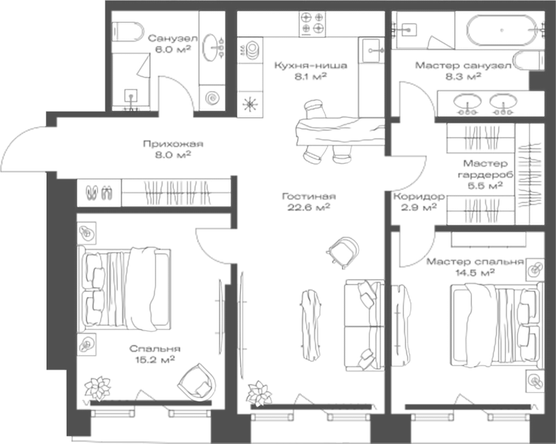 Планировка — Опус, 3-комн., 91 м²