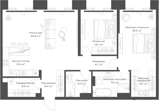 Планировка — Опус, 3-комн., 109 м²