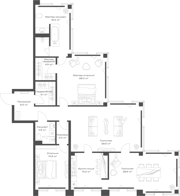 Планировка — Опус, 3-комн., 164 м²